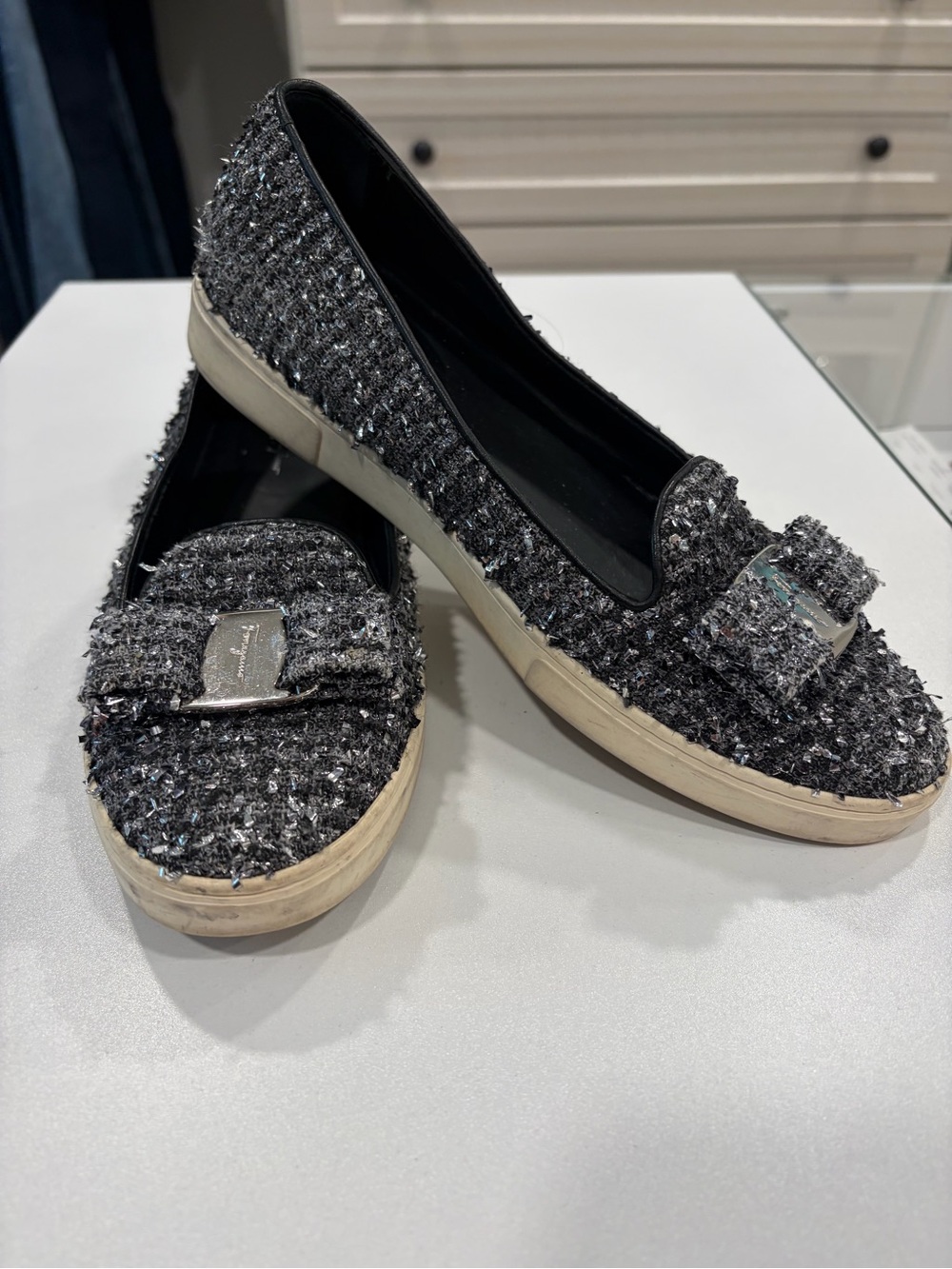 Salvatore Ferragamo Black Tweed Slip-On Loafers with Silver Buckle